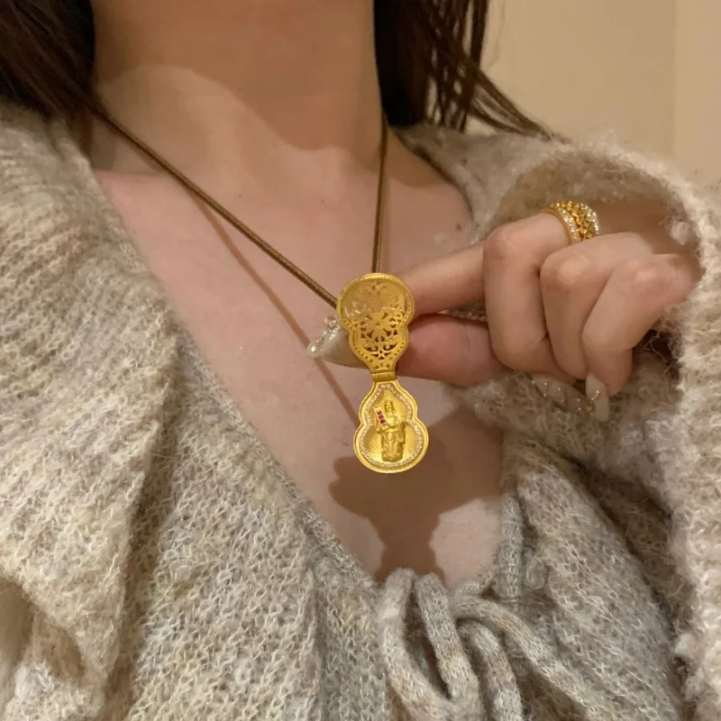 Retro ethnic style double-sided gourd woven rope necklace  openable Buddha statue antique gold crafts hollow out pendant jewelry view 2
