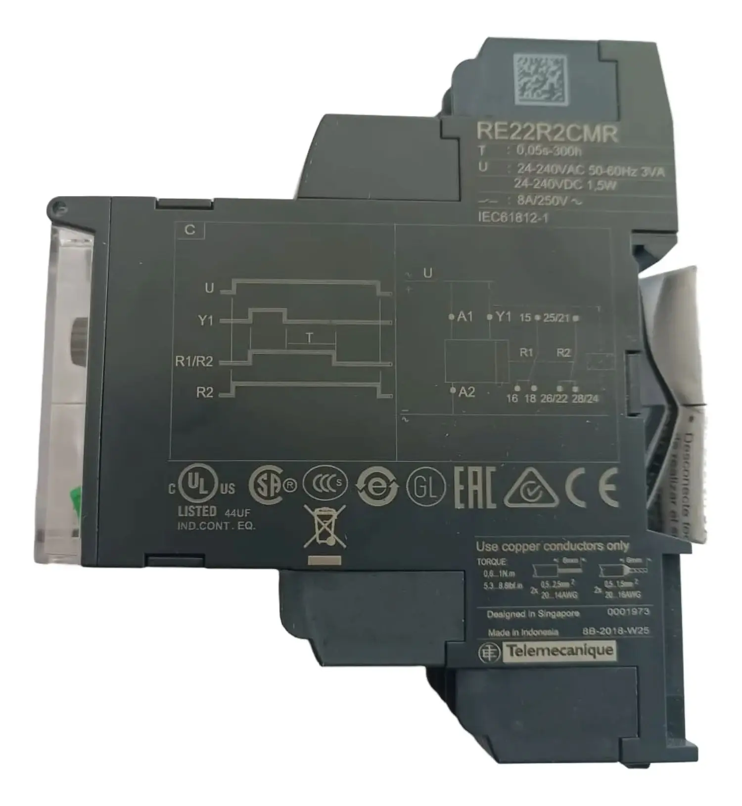 RE7RL13BU is replaced by: RE22R2CMR Modular timing relay, 8 A, 2 CO, 0.05 s...300 h, off delay, 24...240 V AC/DC