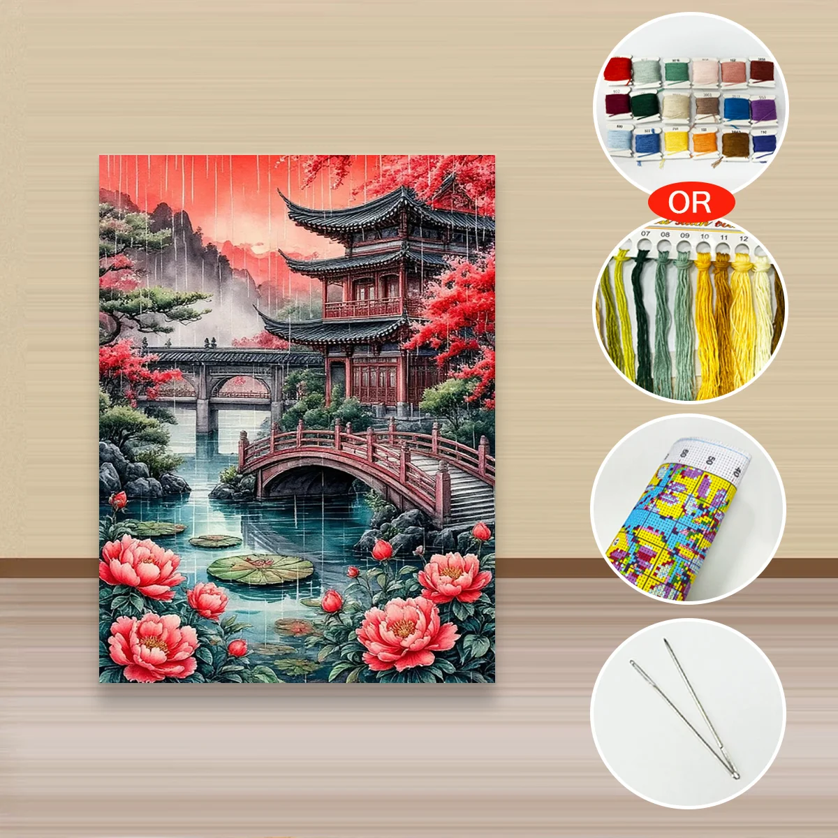1 Stück 30x40cm/11,8x15,7 Zoll, 11Ct/14Ct Kreuzstich-Set, DIY Valentinstagsgeschenk, Stickerei-Set für Festivals, Chinesischer Garten Rote Lotusblume – Detail 2