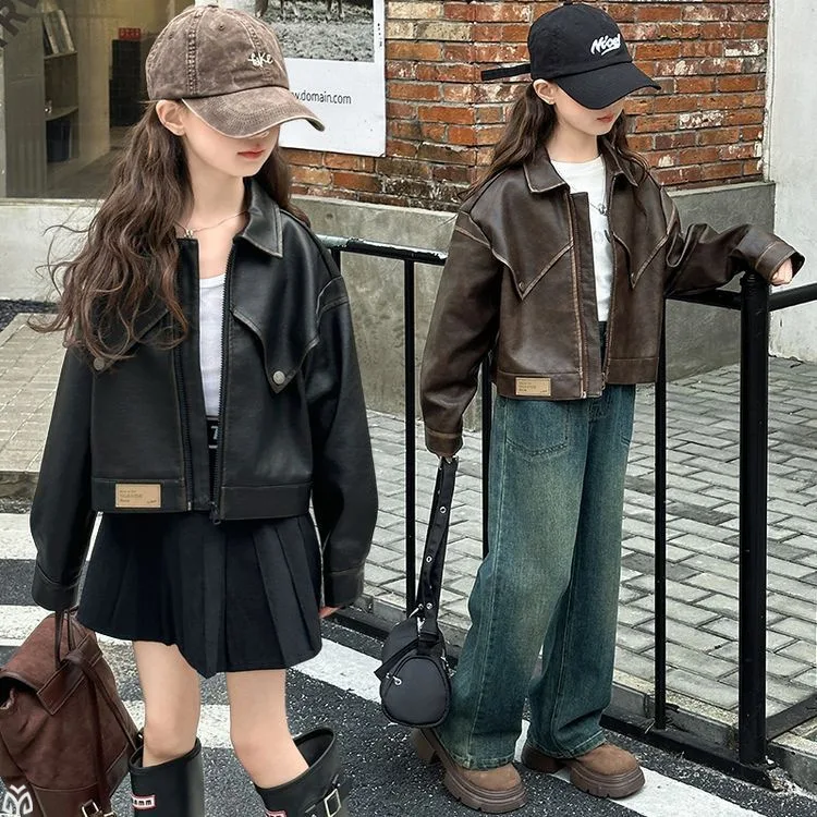

Girls' leather jacket 2025 new style spring and autumn clothing, stylish and fashionable, medium to large children's casual top