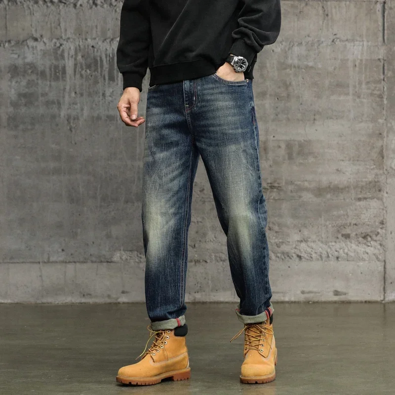 

Джинсы в стиле хип-хоп для мужчин, брюки-султанки, джинсовые брюки стрейч, темно-синие оригинальные джинсы, мужская одежда в стиле K-POP, толстая