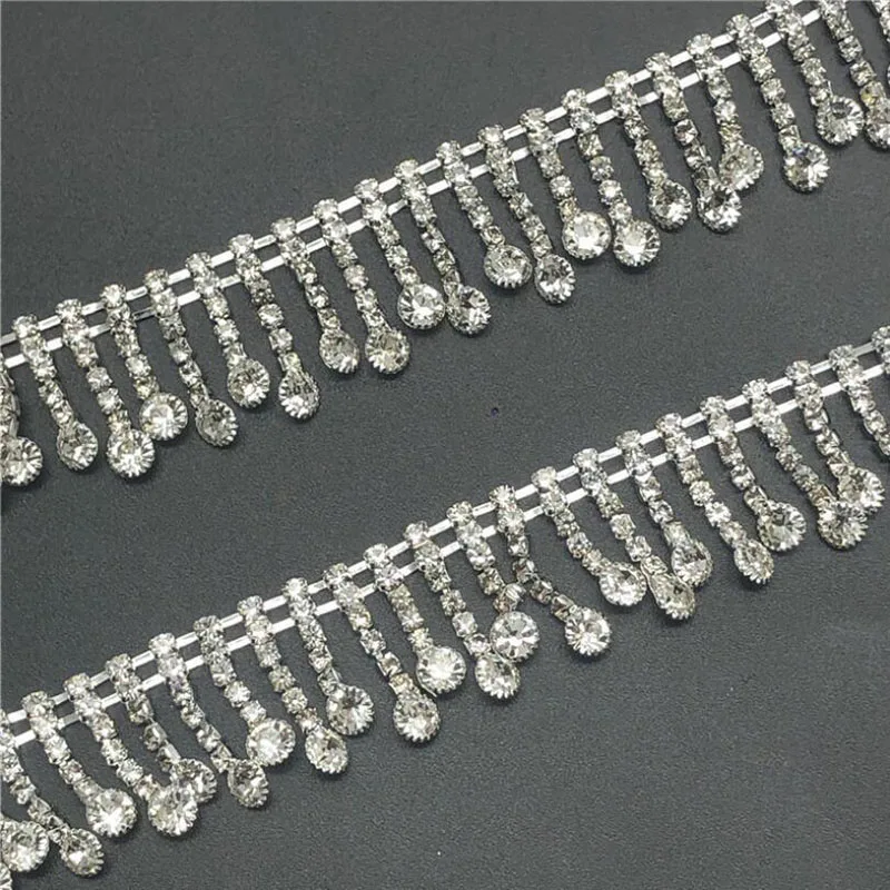 10Yards Silver Rhinestone Trim Tassel Applique Crystal Belt Trims Chain Sewing on Bridal Wedding Dress