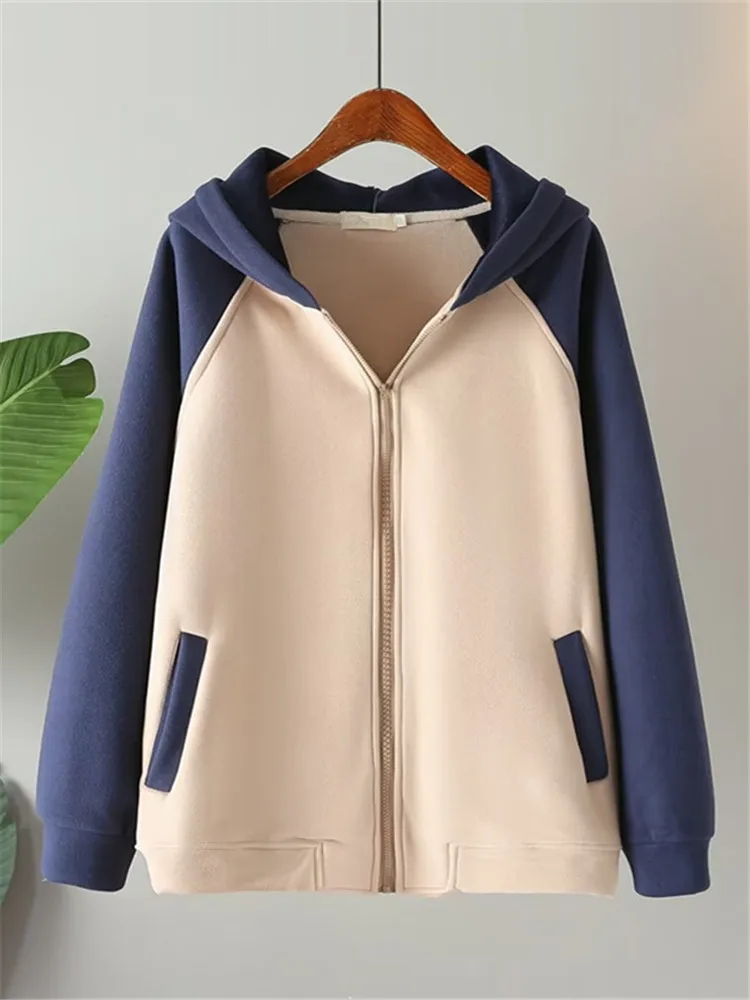 Plus Size Women's Clothing Autumn Winter Hoodies &Sweatshirts Hooded Long Sleeves Mixed color Warm Sweatshirt With Fleece Inside