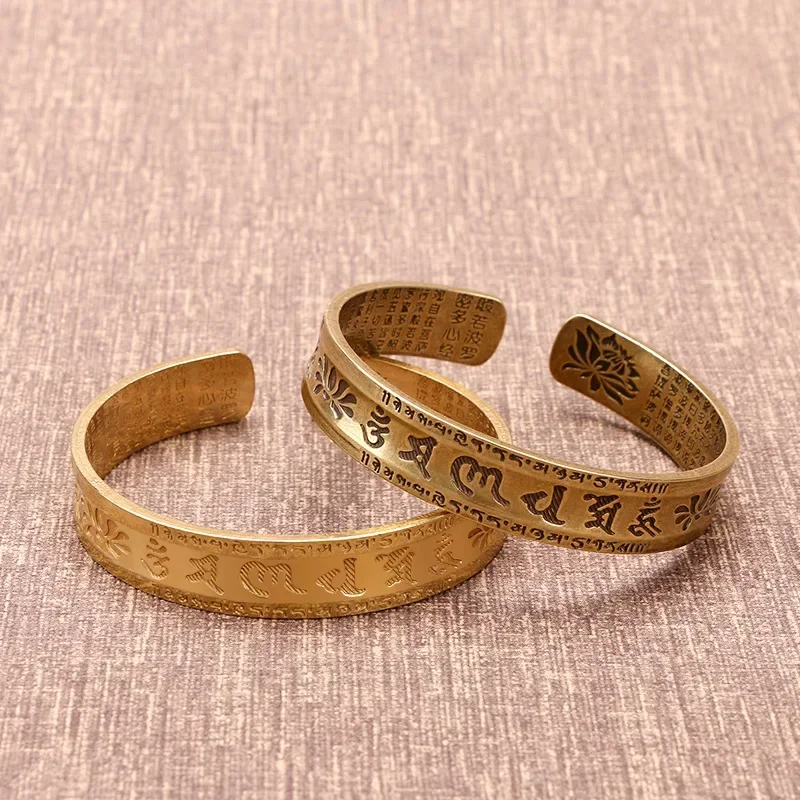 Vintage Buddhist Heart Sutra Cuff Bracelets Men\'s Six Character True Word Adjustable Bangles Religious Wish Talisman Jewelry