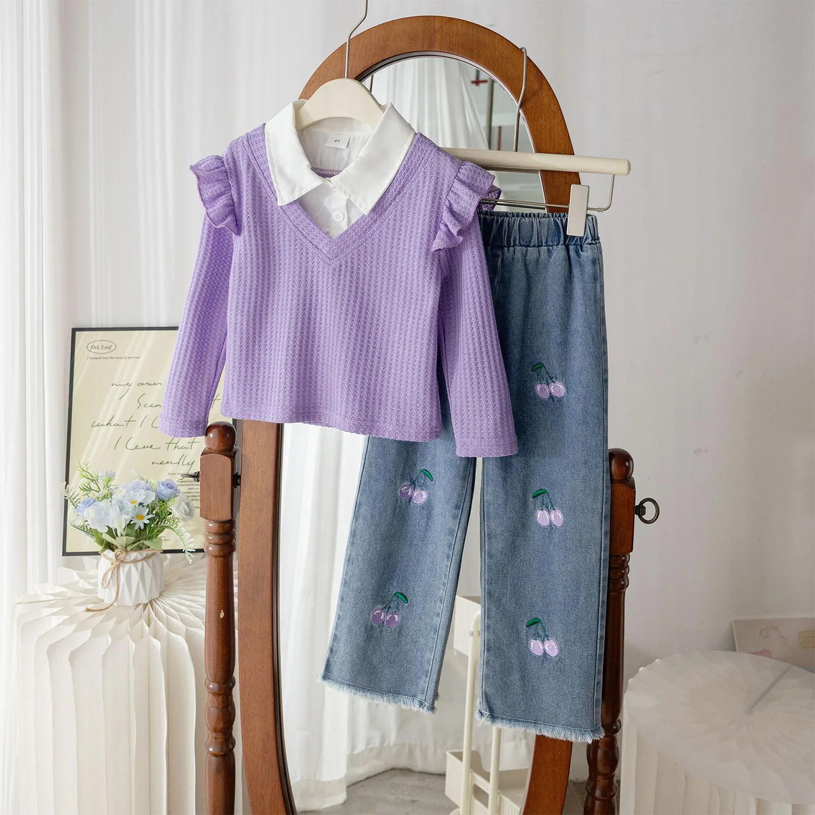 أطفال بنات ربيع الخريف ملابس غير رسمية موضة كم طويل محكم بلايز مع الكرز التطريز الدنيم السراويل ملابس الأطفال #3