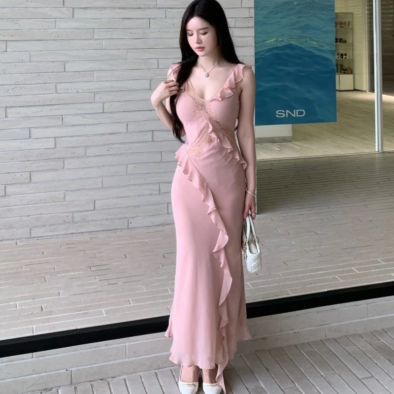 Damen Rosa Langes Kleid mit Spitzenbesatz Figurbetontes Rüschenkleid Sexy Sommerkleid Verführerisches Raffiniertes Urlaubskleid