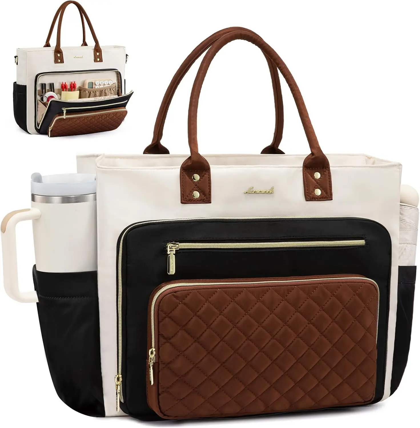 

Professional Teacher Tote Bag for Women, Laptop Work Briefcase with Padded Sleeve, Large Handbag in Black-Beige-Brown, 17 Inch