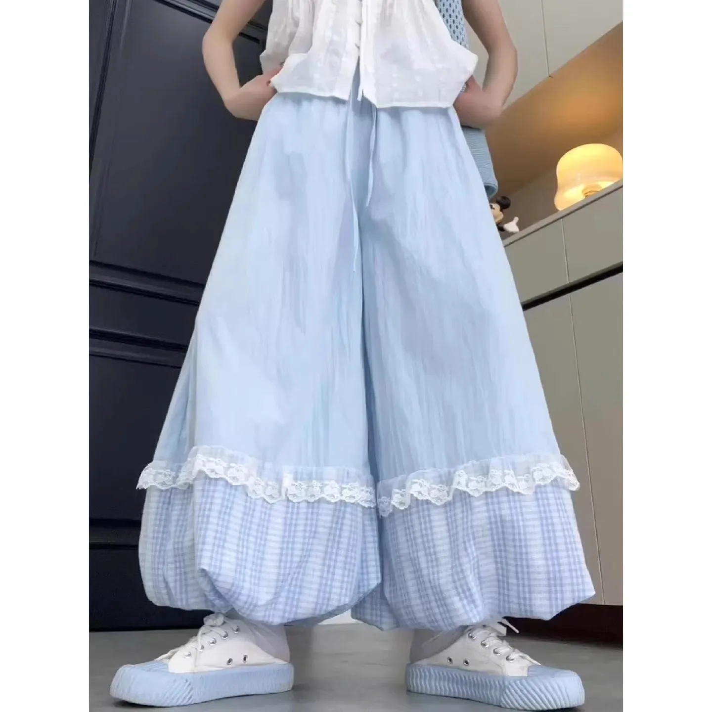 Pantalones para mujer Hip Hop primavera acanalado suelto ocio doblado cintas de lunares malla con paneles fajas Tuck ropa de calle Multicolor Sexy