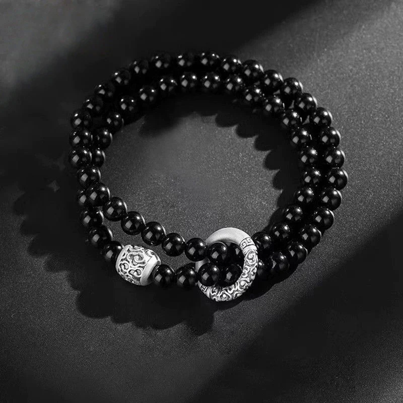Retro Auspicious Cloud Bracelet for Men Personality Double-layer Black Beads Bracelets Fashion Creative Circular Bracelet KOFSAC