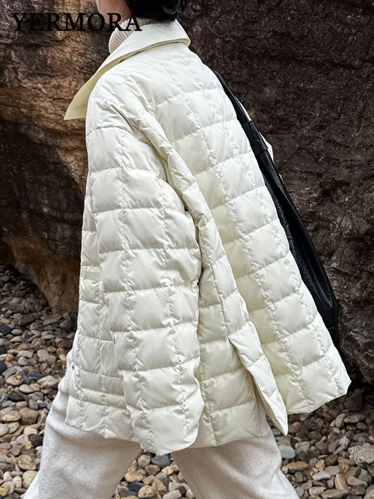 YERMORA Winter Vrouwen Abrikoos Pladi 90 Witte Eendenveren Donsjack Revers Lange Mouw Losse Nieuwe Jas Mode Tij 2025