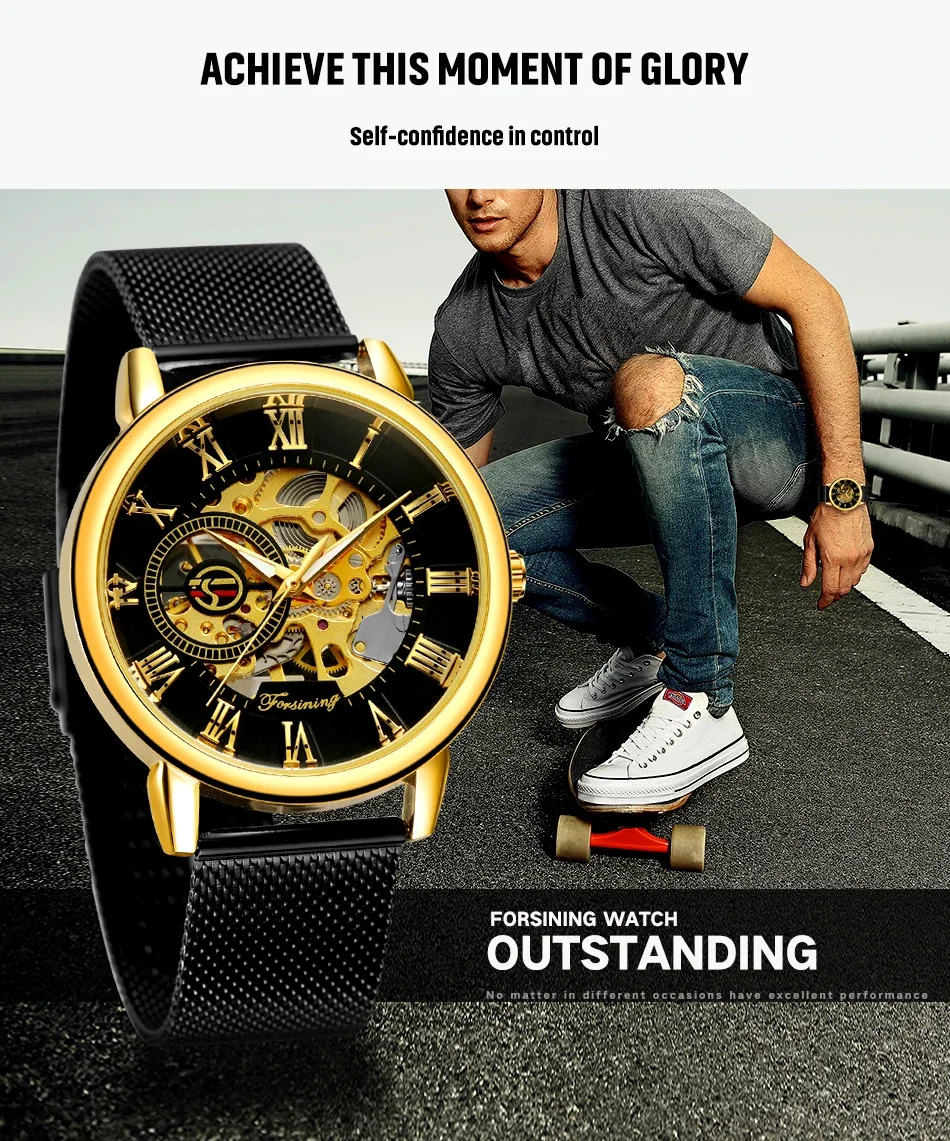 FORSINING Classic Engraved Men Wrist Watches Hollow Mechanical Watches Mesh Strap Roman Numeral Luminous Pointers Skeleton Clock
