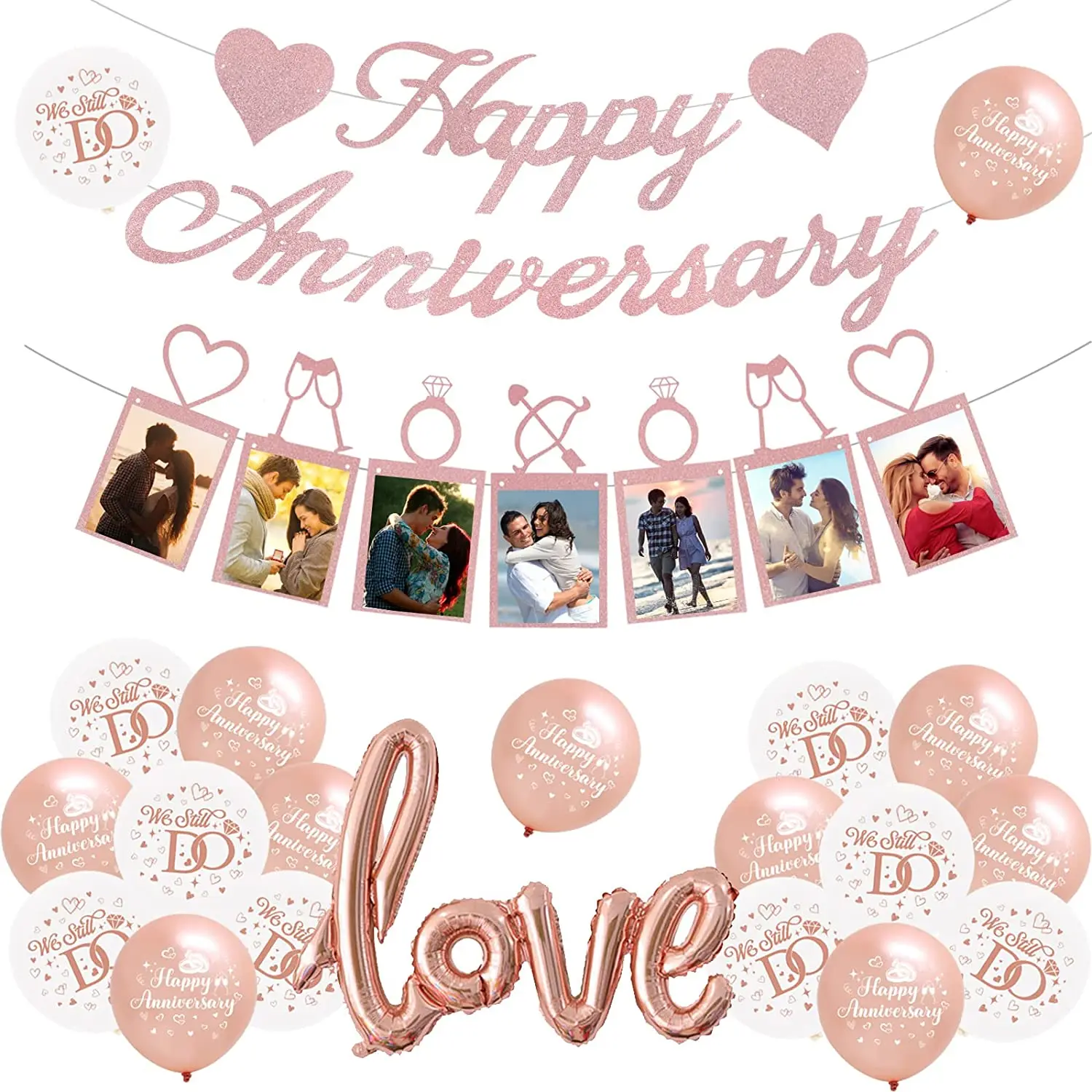 

Sursurprise Happy Anniversary Decorations Rose Gold Photo Banner Love Foil Balloon for Wedding Anniversary Party Ceremony Decor