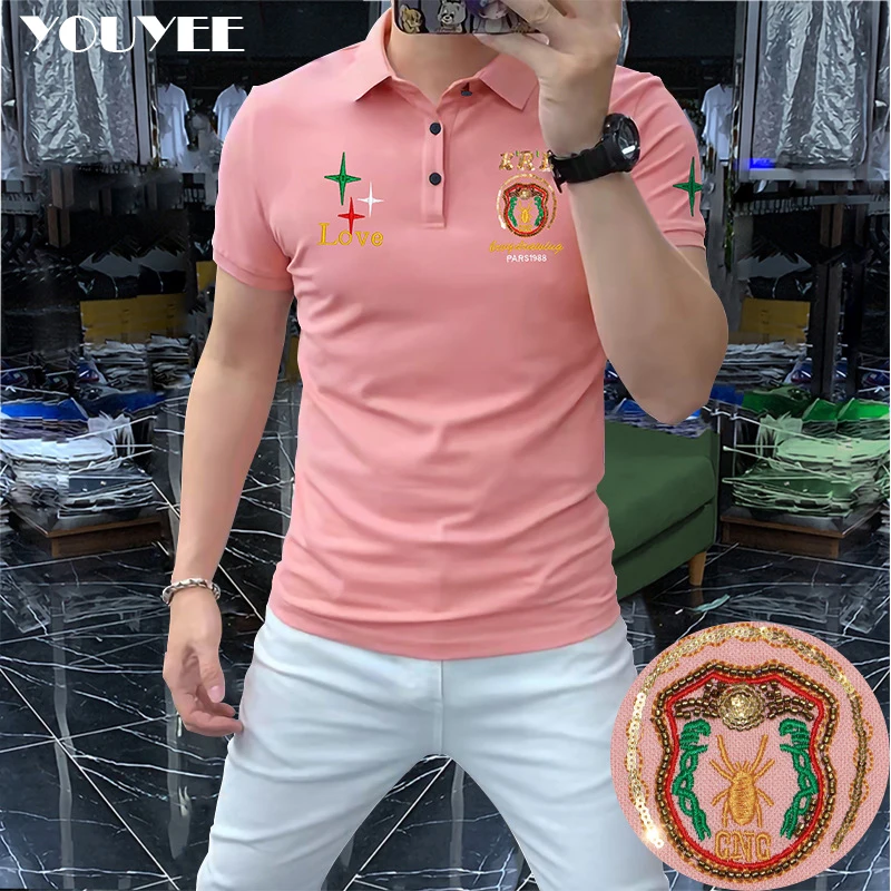 2022 New Polo Men\'s Heavy Craft Embroidery Trendy Male Pink Top Short Sleeved T-shirt Summer High Quality Handsome Man Clothing