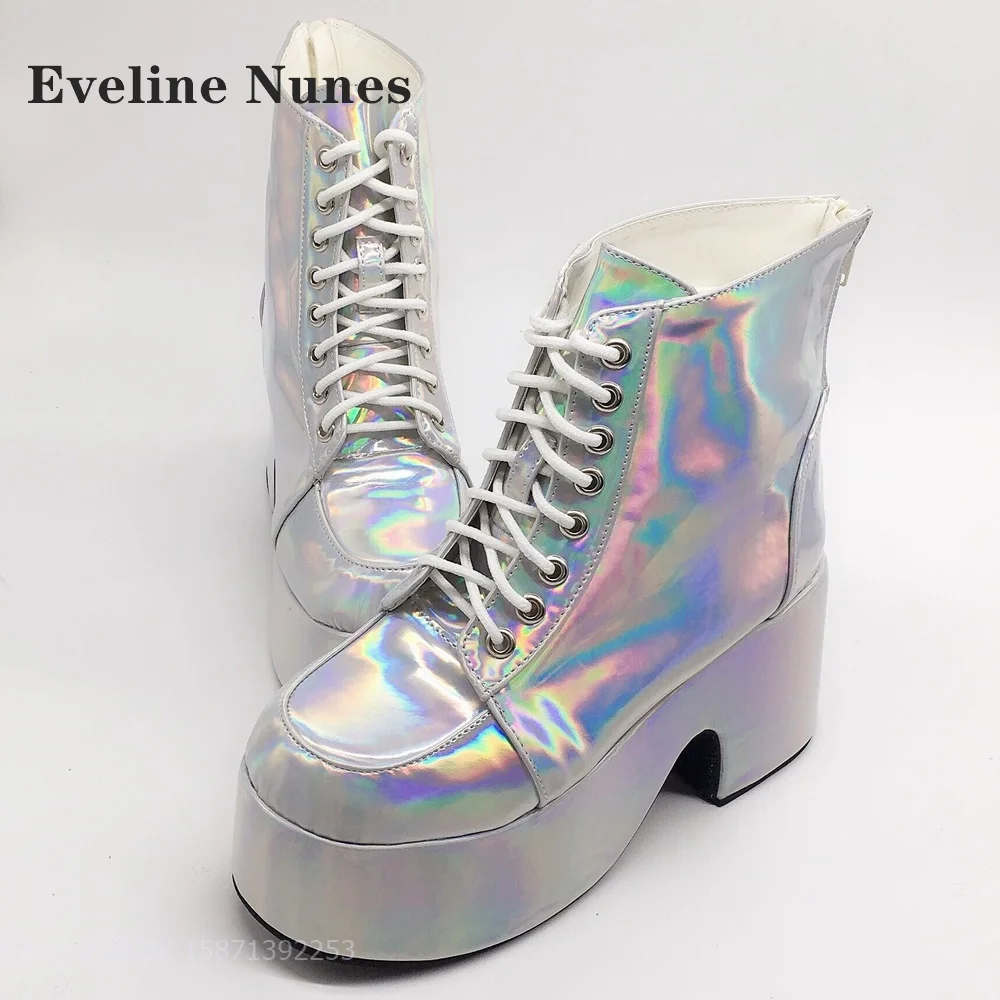 

Purple Cross Tied Platform Booty Round Toe Height Increasing Solid Shiny Women Ankle Boots Plus Size Zip Patchwork Sexy Shoes