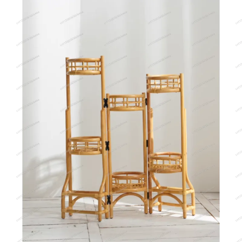 Folding Retro Rattan Flower Stand – Multi-Tiered Japanese Plant Stand for Balcony & Indoor