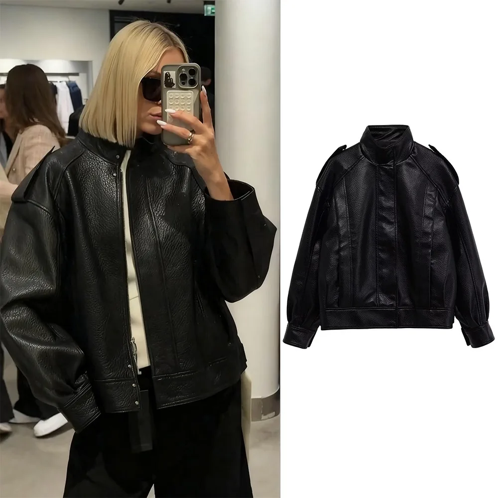 

Black Leather Jackets Woman Y2K Vintage Classic Casual Bomber Long Sleeve Top New In Trend Winter Coat Female Outerwears