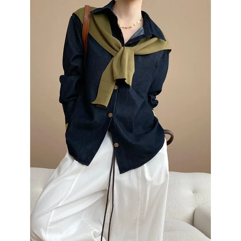 

Two Pieces Women Denim Shirt Solid Blouses Knitted Cape Shawl Button Pocket Turn Down Collar Shirts Loose Fit Casual Spring