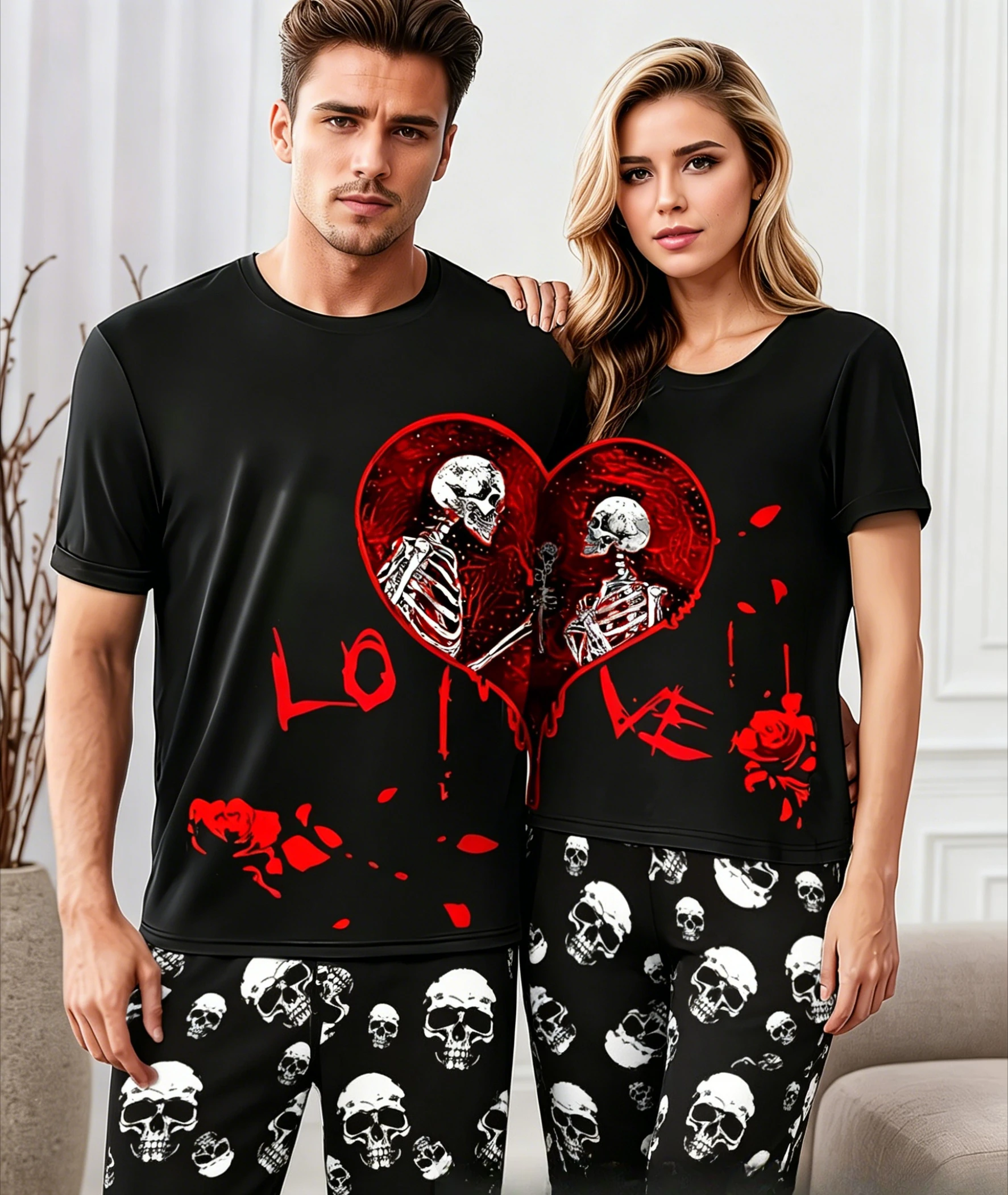 Red Heart Couple Skull Rose Full 3D Printed Pajama Set for Women and Men, T-shirt, Pants, Loose Home Couple Halloween Dress