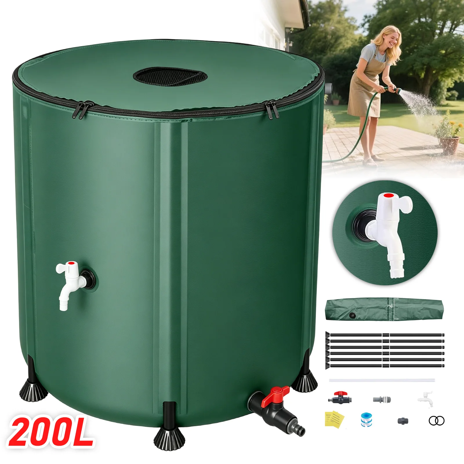 Sistema de Recolección de Agua de Lluvia de 200L y Tanque de Almacenamiento – Apto para Uso en Exteriores, Jardines y Céspedes – Contenedor Portátil para Agua de Lluvia con Grifo y Kit de