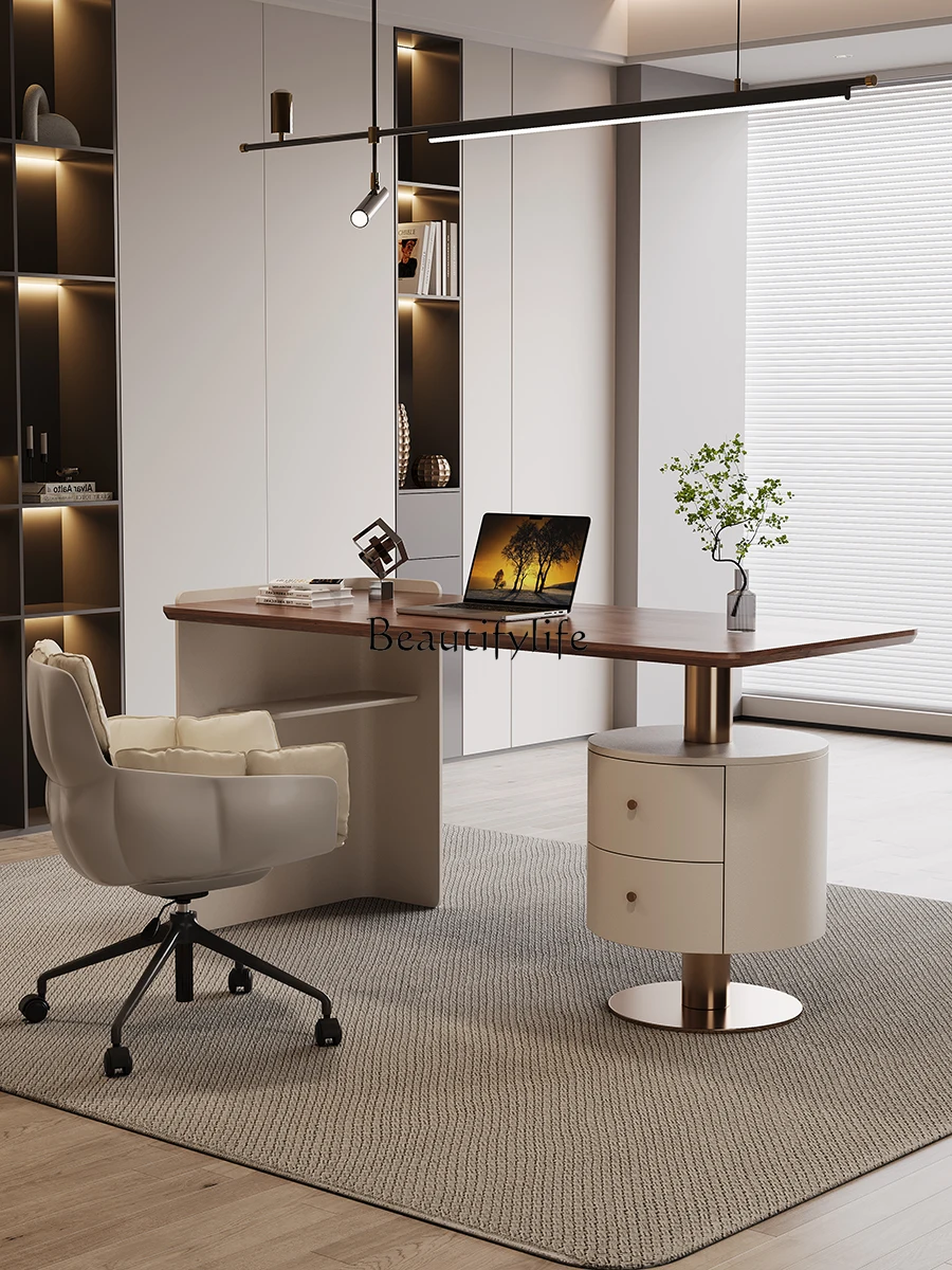 Minimalist Saddle Leather High-End Solid Wood Desk Veneer of Juglans Regia Office Computer Negotiation Desk