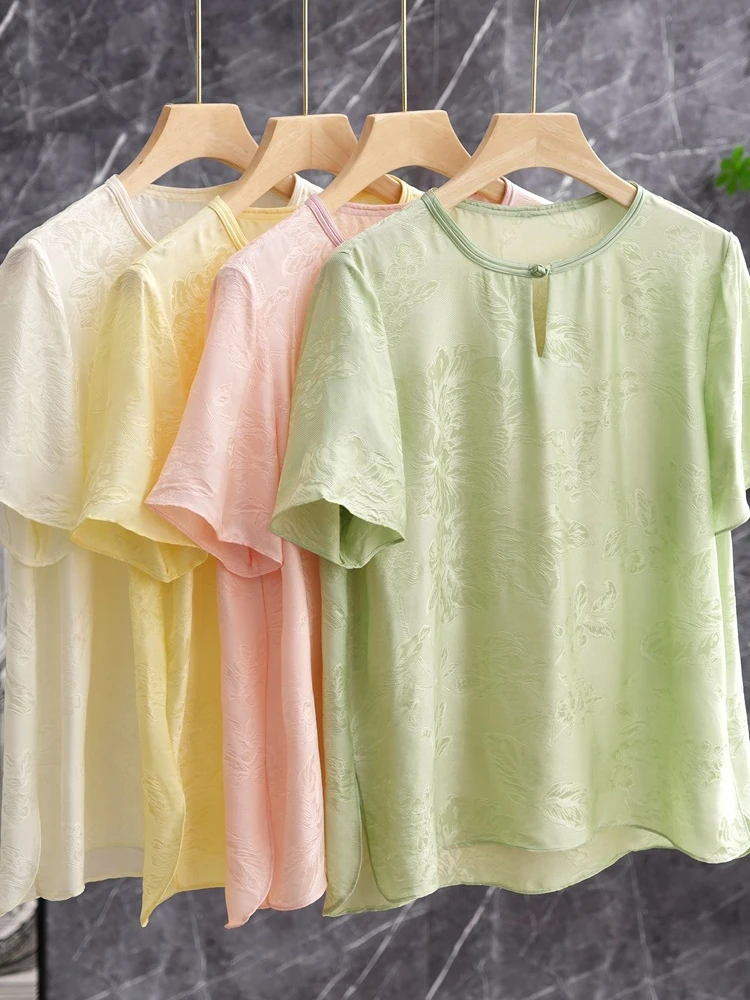 

Элегантная женская шелковая рубашка в китайском национальном стиле с цветочным узором, с коротким рукавом, удобная для ношения, летняя футболка, маленькая рубашка