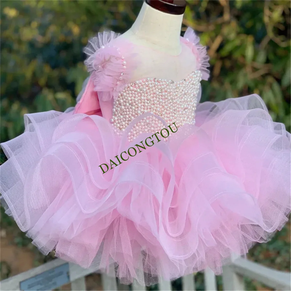 CustomizedPink Angel Flower Girl Dresses Tulle Puffy Pearl Bow Sleeveless For Wedding Kids Birthday Gift Party Banquet First Com