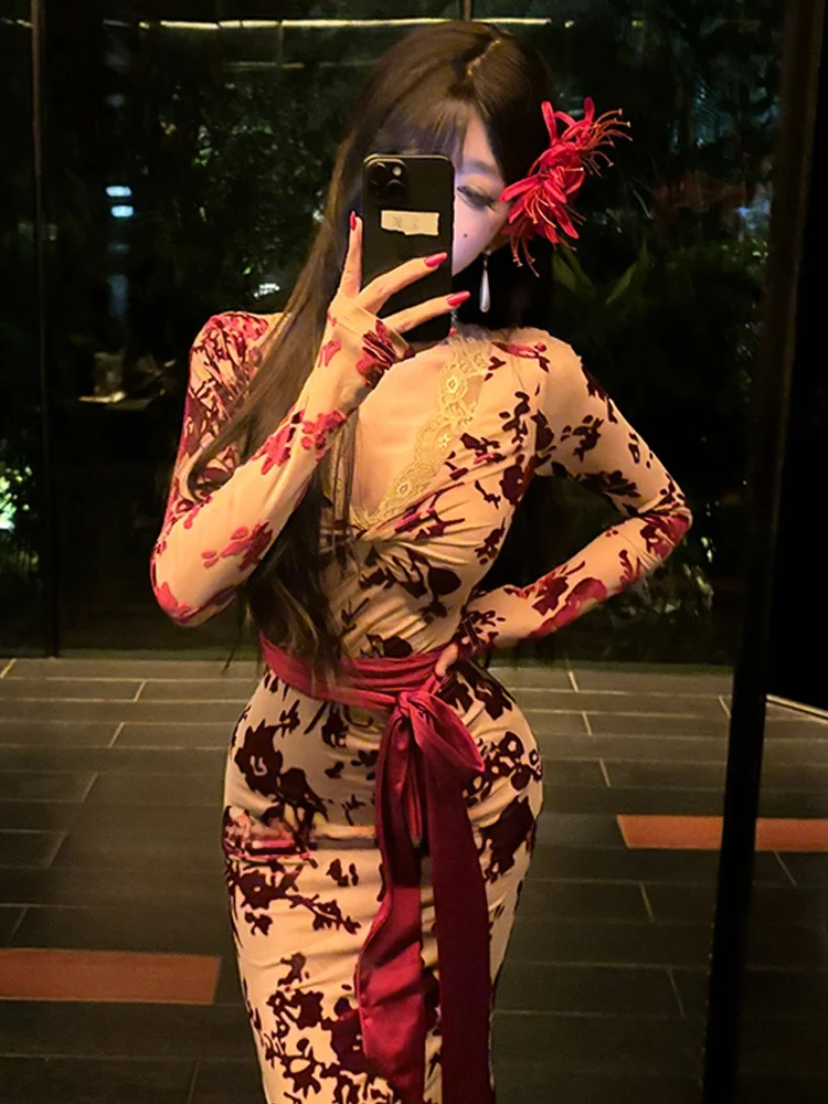 

Sexy Lace V-ne Printed Long Dr Slim Fit Bodycon Skirt for plus Size Women Commute Sle Korean Version High Waist Long S...