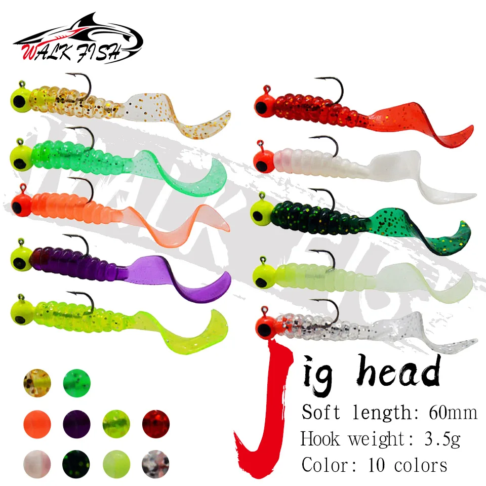 WALK FISH 4Pcs/Lot 3.5G Jig Hook Artificial Silicone Single Circle Tail Worm Shaped Soft Lure With 60MM Colorful Fishing Tackle