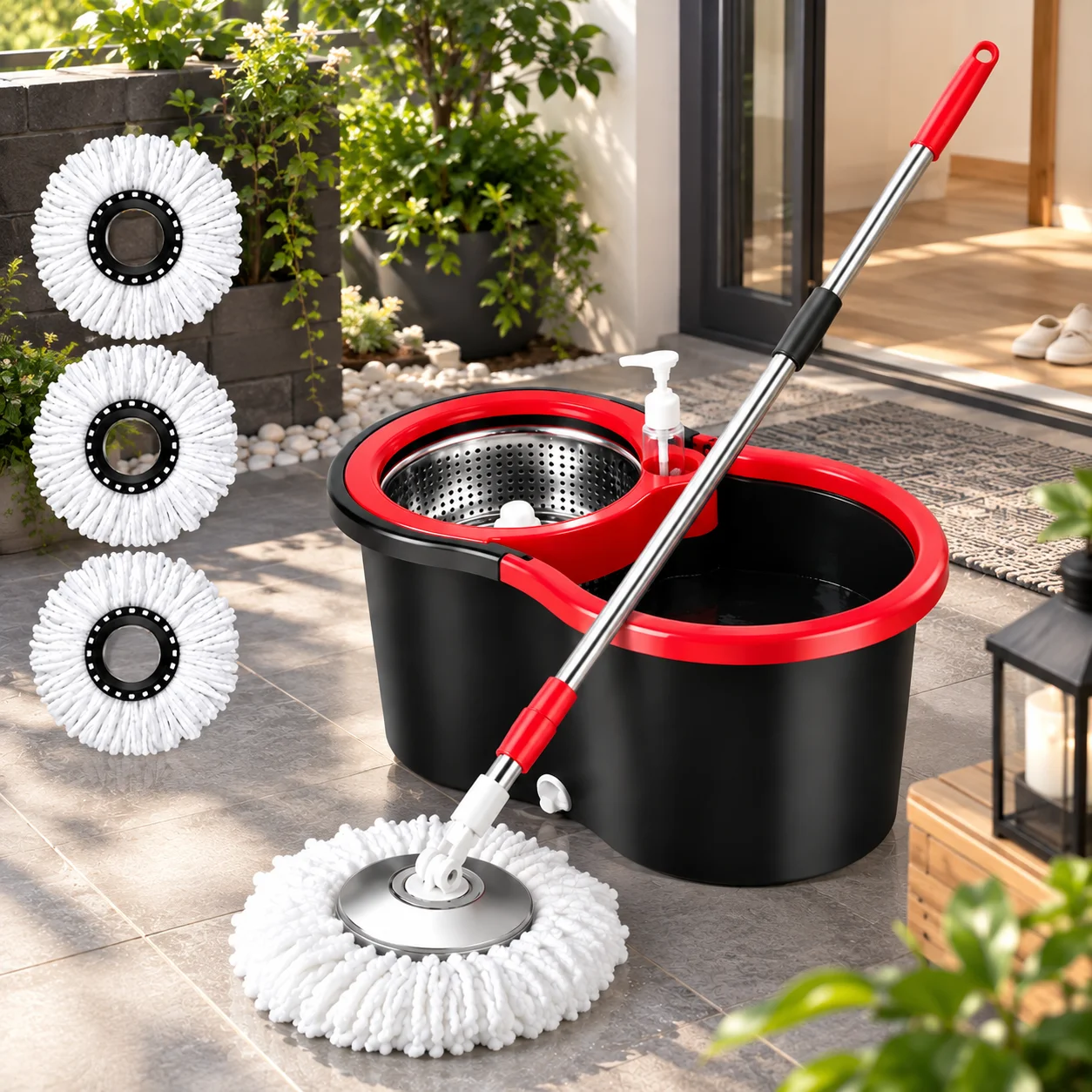 Red Spin Mop Set Without Extension Tube With Bucket And Three Microfiber Pads
