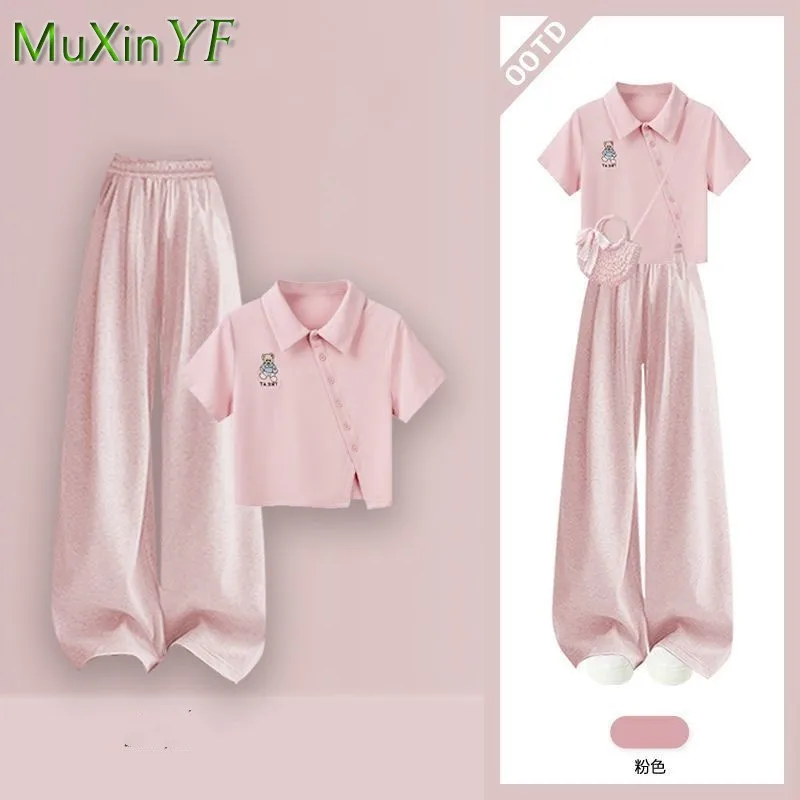 

Women's 2025 Summer New Casual Tracksuit Matching Set Korean Elegant POLO Short Sleeve Top+Loose Wide Leg Pants Two Piece Suit