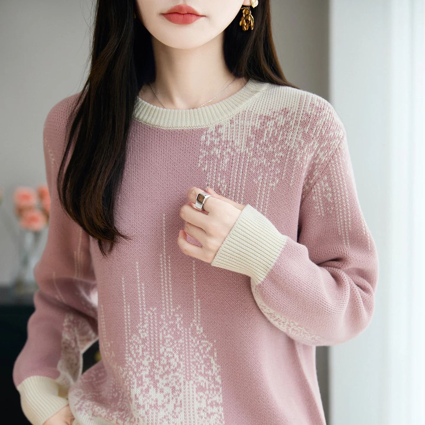 

BELIARST 100% Pure Cotton Sweater Women's Round Neck Knitted Pullover Fashion Jacquard Thickened Gradient Tops Autumn Winter