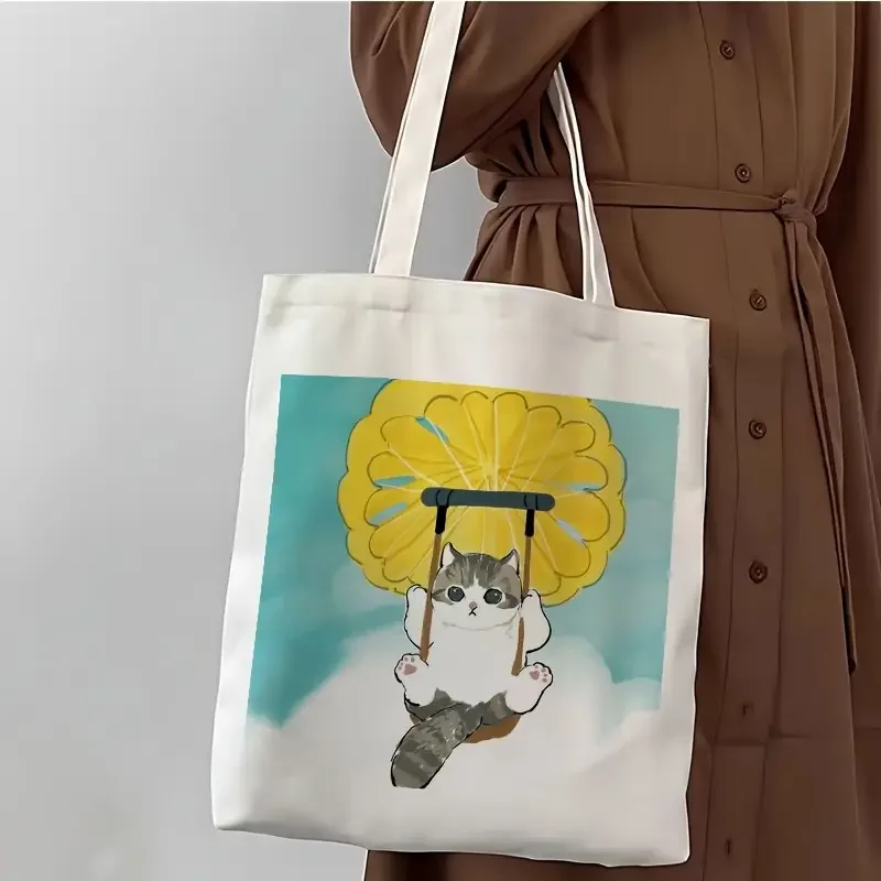 

Adorable Cat Print Canvas Tote Bag Reusable Eco-Friendly Shoulder Bag for Work Travel Yoga and Daily Errands