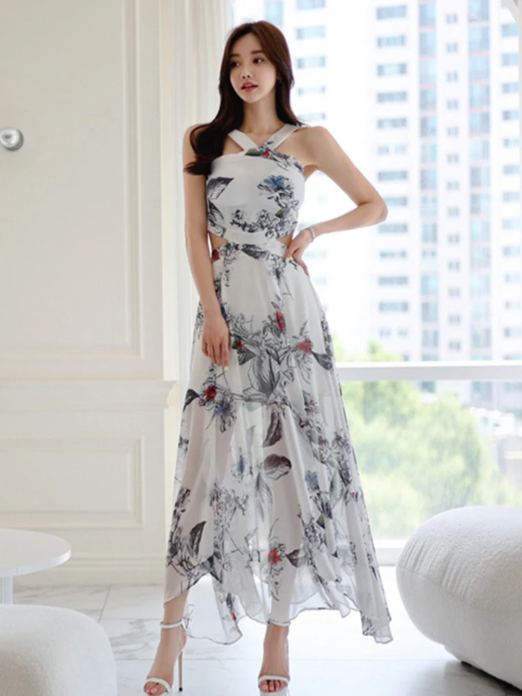 

New Summer Fashion Print Vacation Long Dress Women Clothes Elegant Hollow Sexy Sling Slim Maxi A-Line Party Prom Vestidos Robe