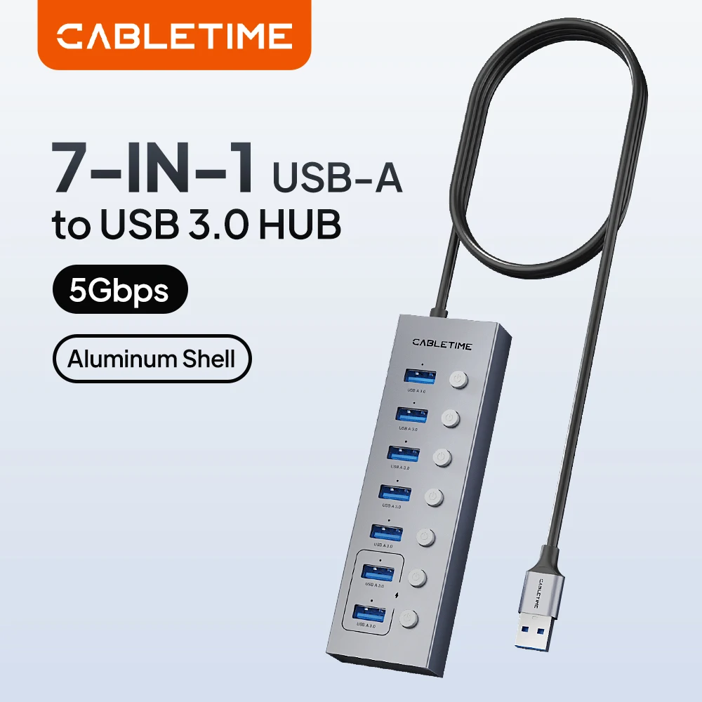 CABLETIME 7 in 1 USB A HUB USB 3.0 5Gbps Adapter Independent Switches for Laptop Macbook Lenovo DELL