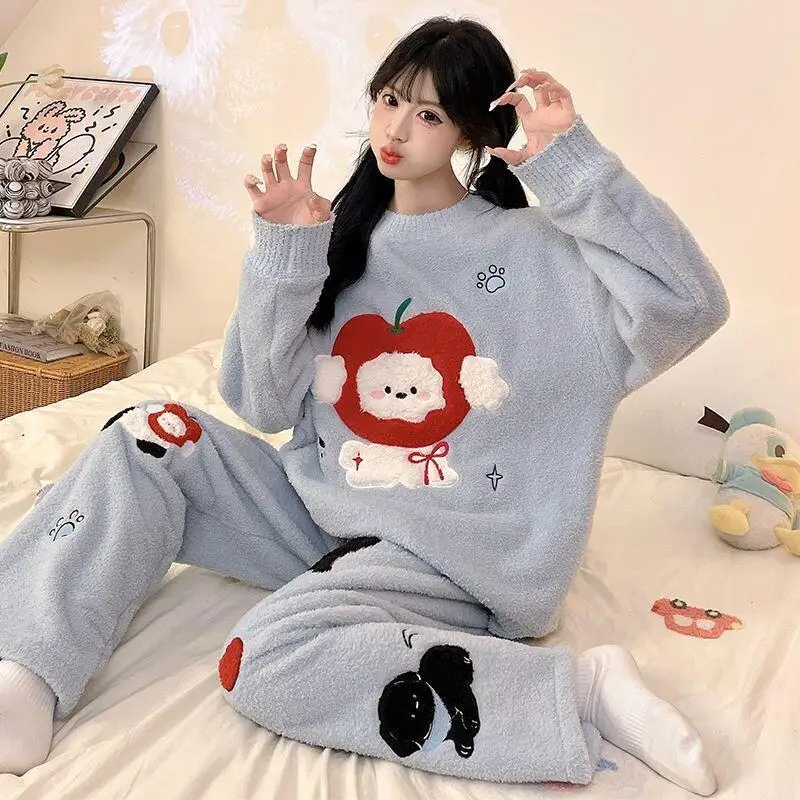 

New Homewear Women's Pajama Set Girl Homewear Polar Fleece Sleepwear Cozy Thick Warm Cute Apple Dog Coral Loungewear Set