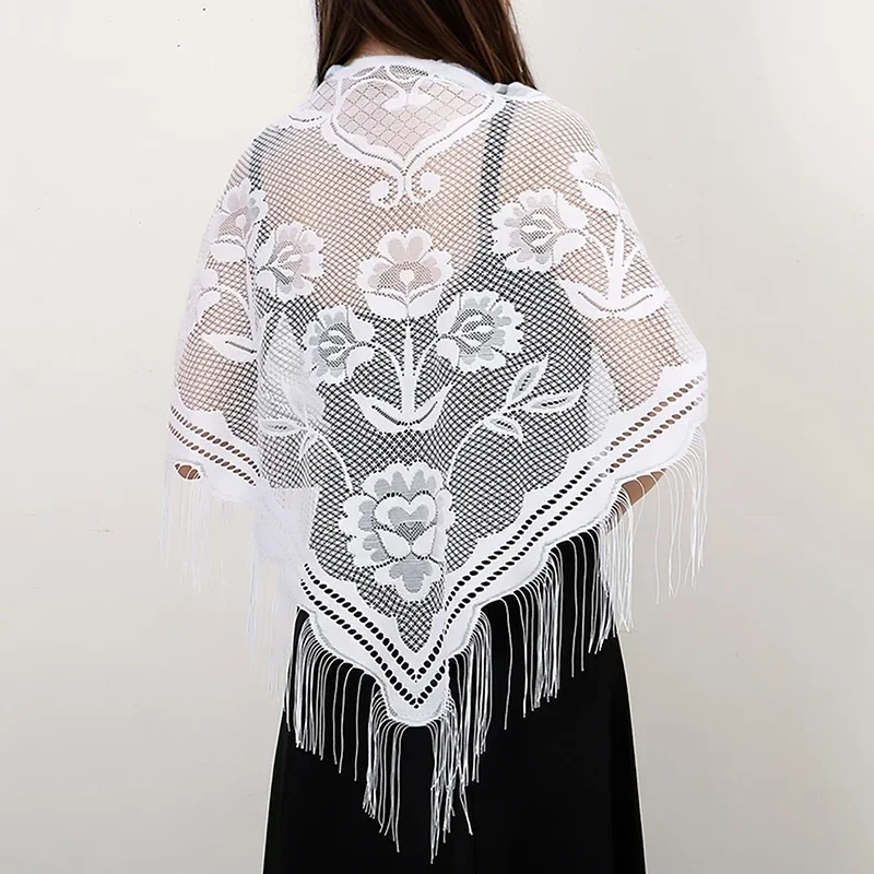 

Spanish Mantilla Lace Veil Chapel Scarf For Church Ramadan Hollow Out Embroidery Tessles Stoles Muslim Women Luxury Turban