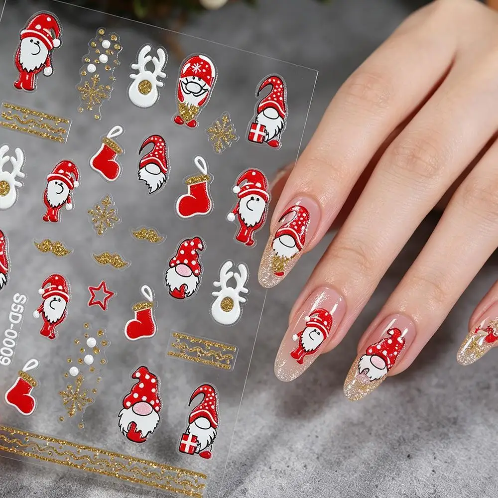 1Pcs 5D Embossed Santa Sock Elk Nail Stickers Gold Gitter Snowflakes Lines Nails Decals for Xmas Winter Holiday Manicure Sliders