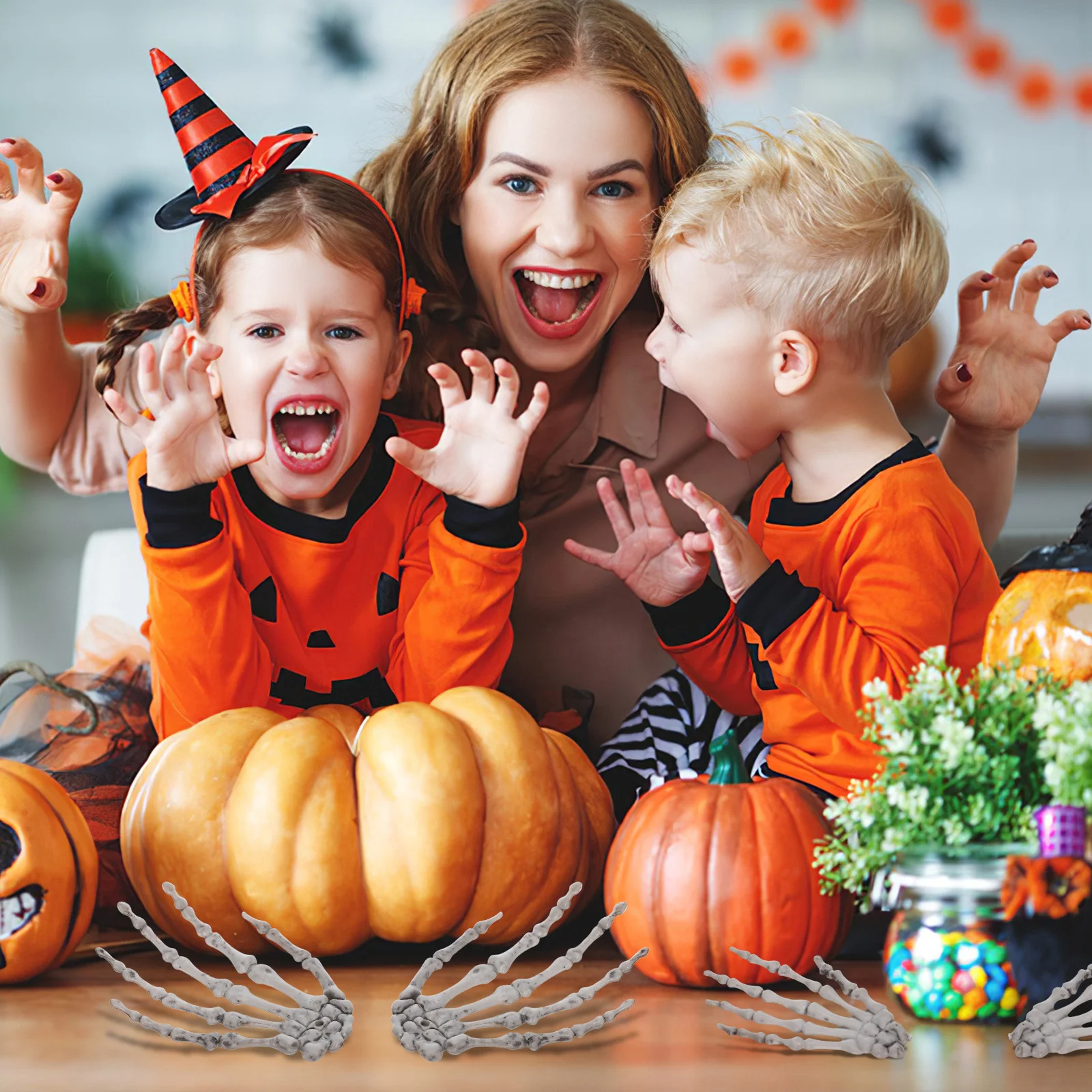 دعامة يدوية 3 أزواج لديكور الهالوين، حفلة مخيفة، منزل مسكون، زخرفة صعبة، قفازات عظمية مزيفة للبالغين