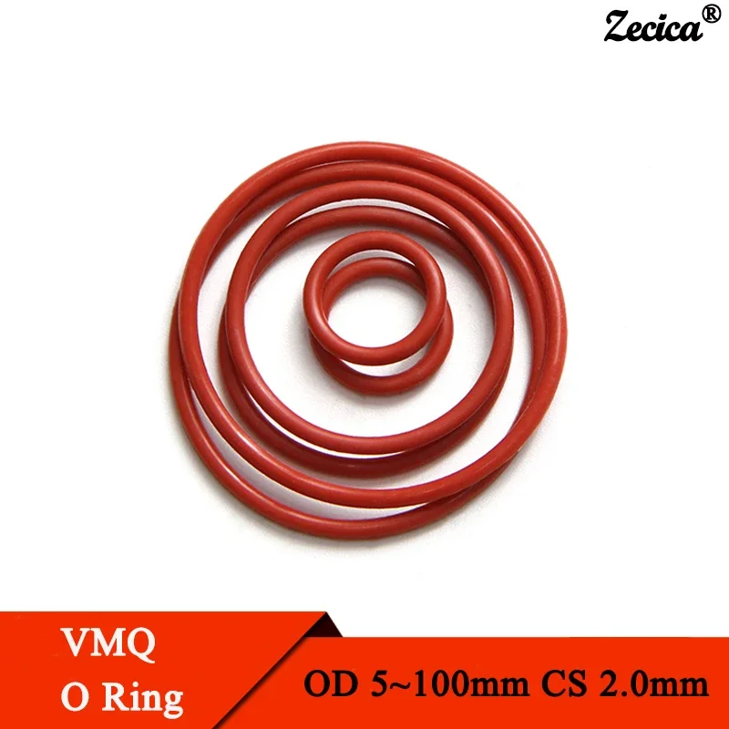 

10/50pcs Food Grade VMQ O Ring Gasket CS 2mm OD 5 ~ 100mm Waterproof Washer Round O Shape Rubber Silicone Ring Red