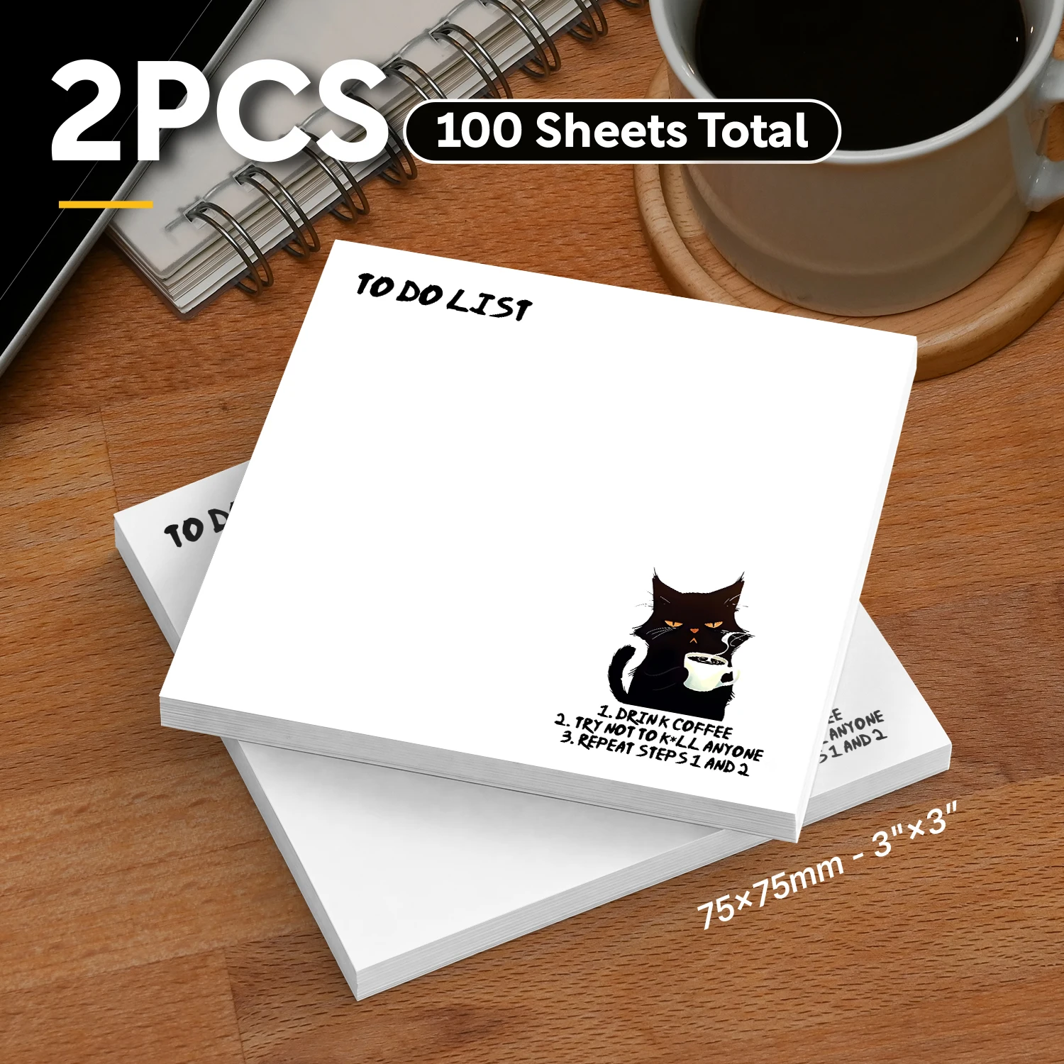 2PCS Funny Black Cat To Do Sticky Notes 100 Sheets Coffee Humor Memo Pads Checklist Reminder Self Adhesive Office Stationery