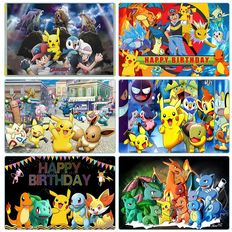 Kawaii Child Party Pokemon Backdrop Decoration Pikachu Theme Birthday Background for Kids Boy Baby Shower Anime Banner Poster