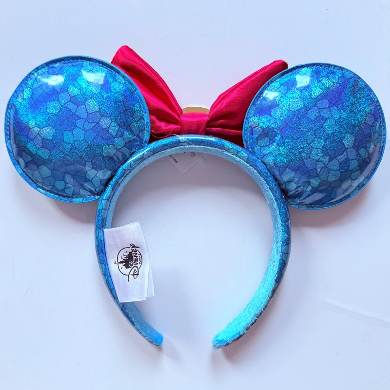 Snow White Stained Glass Minnie Ear Headband Blue Glitter Mickey Mouse Ears Headband With Red Bow Disney Cosplay Hair Accessory view 3