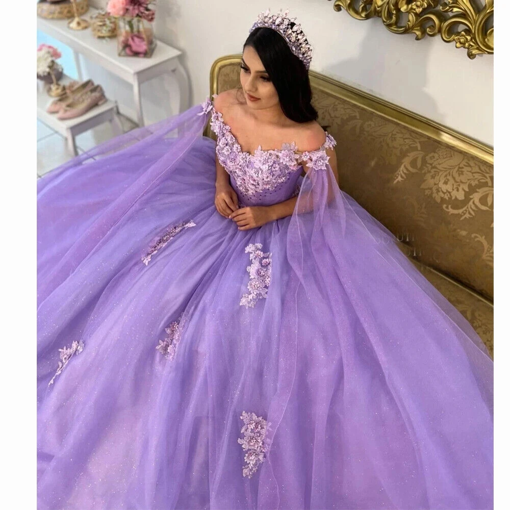 ANGELSBRIDEP vestido De quinceañera Lila brillante con capa, vestido Formal De fiesta De cumpleaños, vestido De baile De 15 años con envoltura