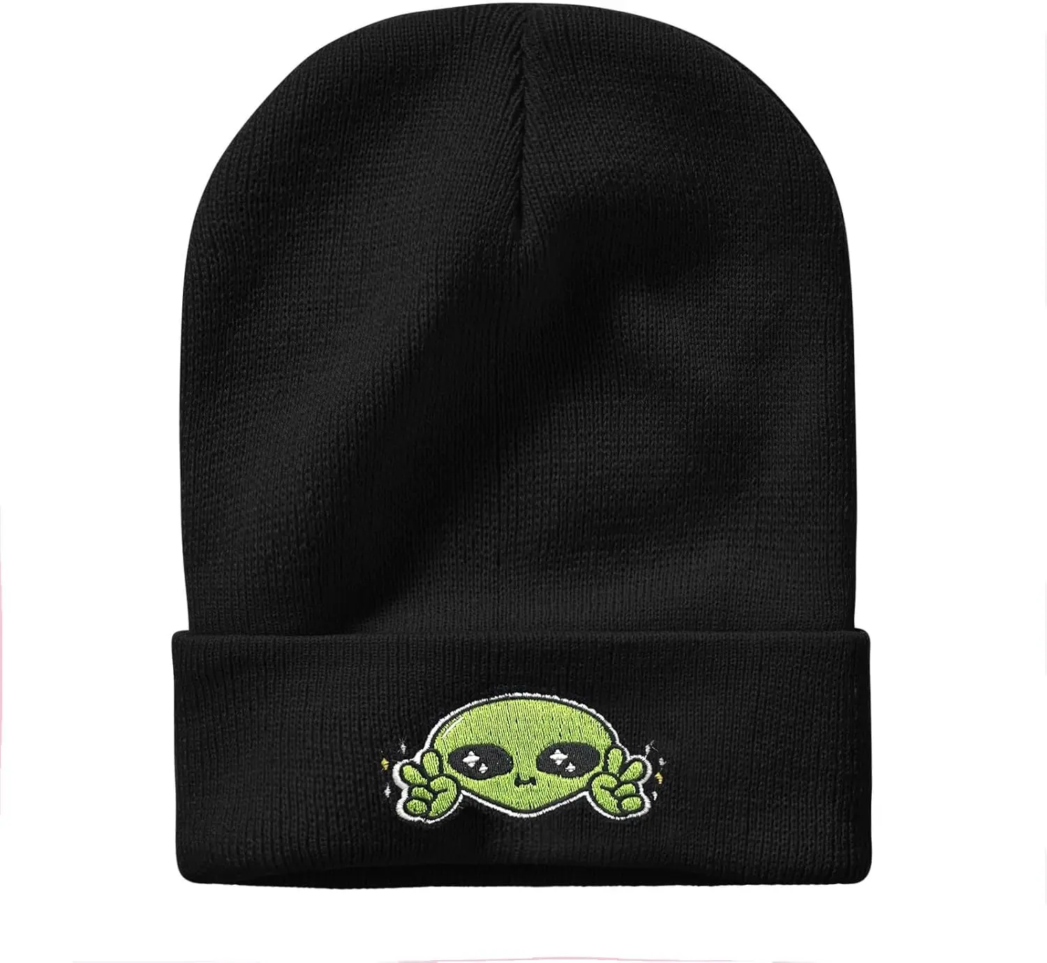 Cute Alien Peace Embroidery Beanie Hat for Men Women Winter Warm Stretch Skull Knit Hats Cap Black 6