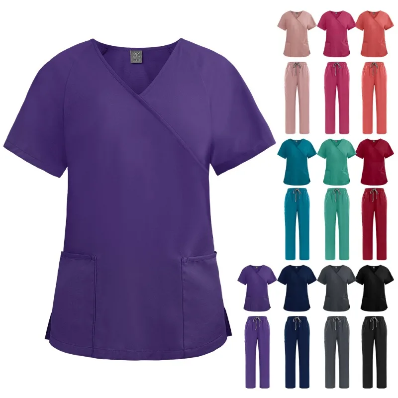 

Women's V-Neck Tie Scrub Top with Waistband 2-Piece Set for SPA & Medical Use