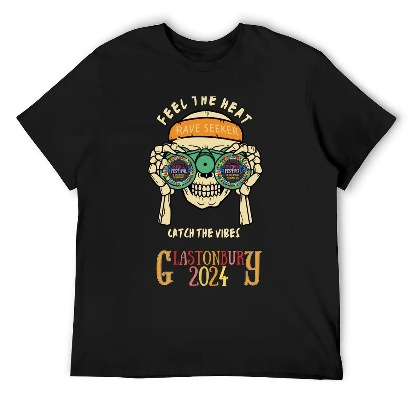 

Glastonbury 2024 Music Festival Rave Seeker Vibrant Skull T-Shirt baggy shirts customizeds mens big and tall t shirts