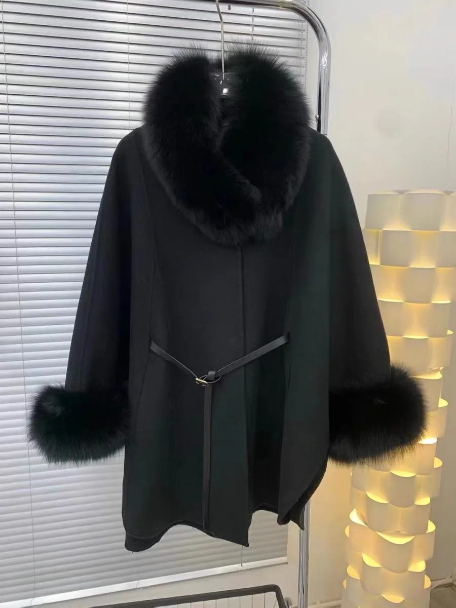 3 Colors Women Fox Fur Collar Batwing Sleeves Loose Long Ribbon Coat Winter Warm New Fashion Cloak 80% Woolen Poncho Streetwear