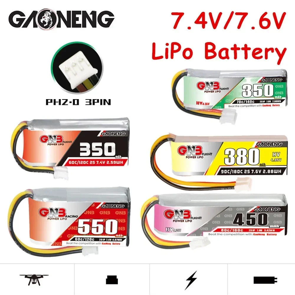 GNB 2s 7.4v 7.6v 350/380/450/550mAh 60/70/80/90c Lipo Battery For 1/28 Rc Racing Drift Car Parts RC Car Drift Rally Vehicle Toys