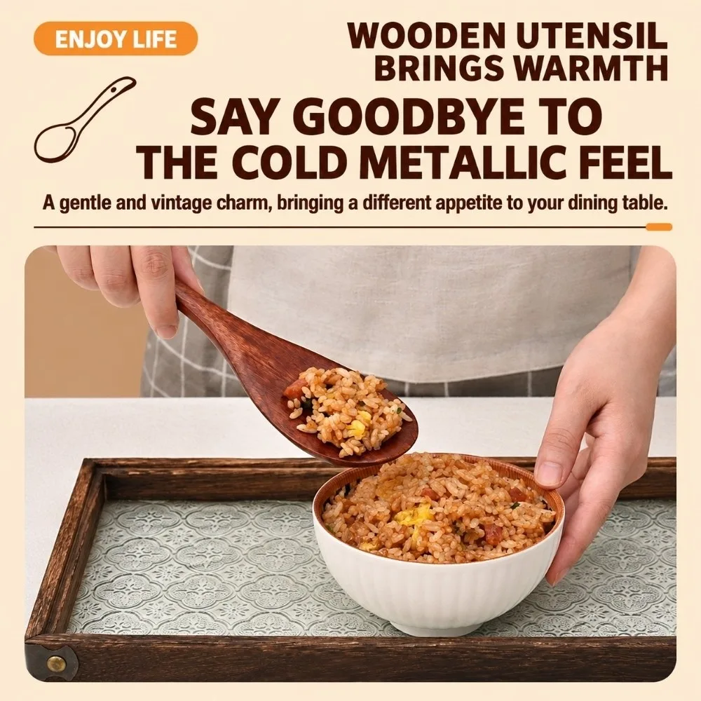 Standable Wooden Rice Paddle Smooth Surface Ergonomic Handle Rice Serving Spoon Handheld Solid Wood Kitchen Serving Scoop