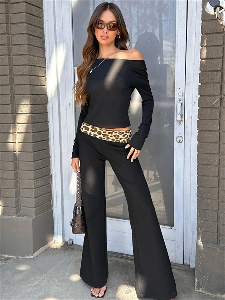 Leopard Print Fold Over Flare Pants Two Piece Set Women Long Sleeve Crop Top Trousers Slim Outfit Hottie Streetwear